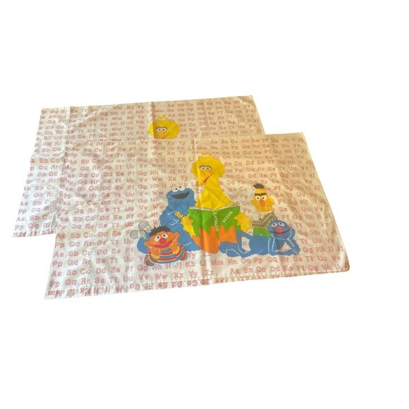 Vintage Sesame Street Pillowcases Big Bird Cookie Bert Ernie Alphabet Design - Picture 1 of 6